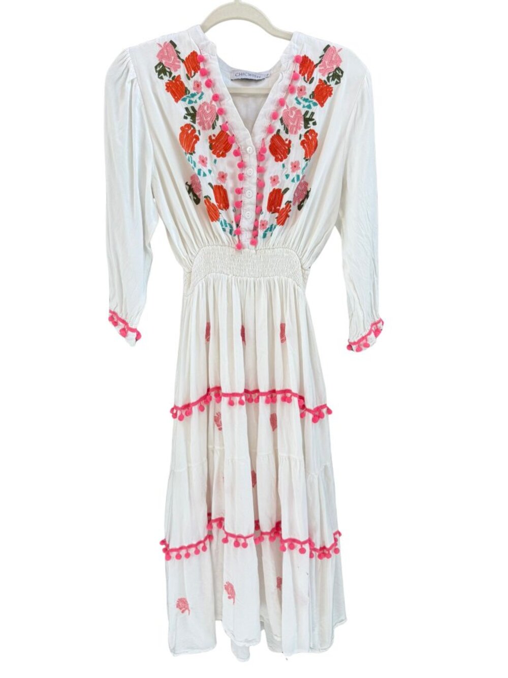Chicwish White Embroidered Pom Pom Smocked Boho Maxi Dress M